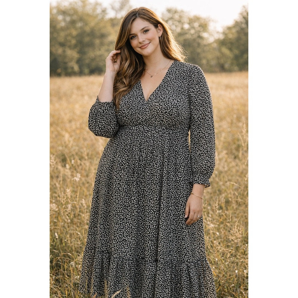 Old Navy Maxi Dress Women Large Black Floral V-Neck Long Sleeve Tiered Cottage
